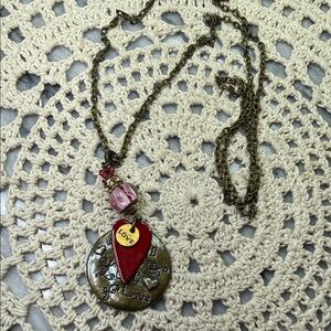 Heart enameled Pendant Necklace with Love Charm & glass bead